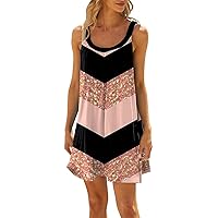 Beach Dresses for Petite Women Beach Dress for Women 2024 Summer Print Fashion Sparkly Loose Fit with Sleeveless Round Neck Ruched Dresses Pink 3X-Large