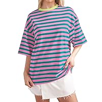 Women Oversized Striped Color Block Short Sleeve Crew Neck T-Shirts Casual Loose Pullover Tops Summer Tee Shirt