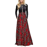 Womens Maxi Dress 2023 Fall Long Sleeve Crewneck Loose Plain Tunic Empire Waist Wedding Guest Long Dress with Pocket