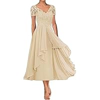 Lace Applique Mother of Bride Dresses for Wedding Short Sleeves Tea Length Chiffon Formal Party Gown TM100