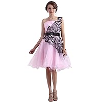 Pink Organza One Shoulder Knee Length Prom Dress With Black Lace