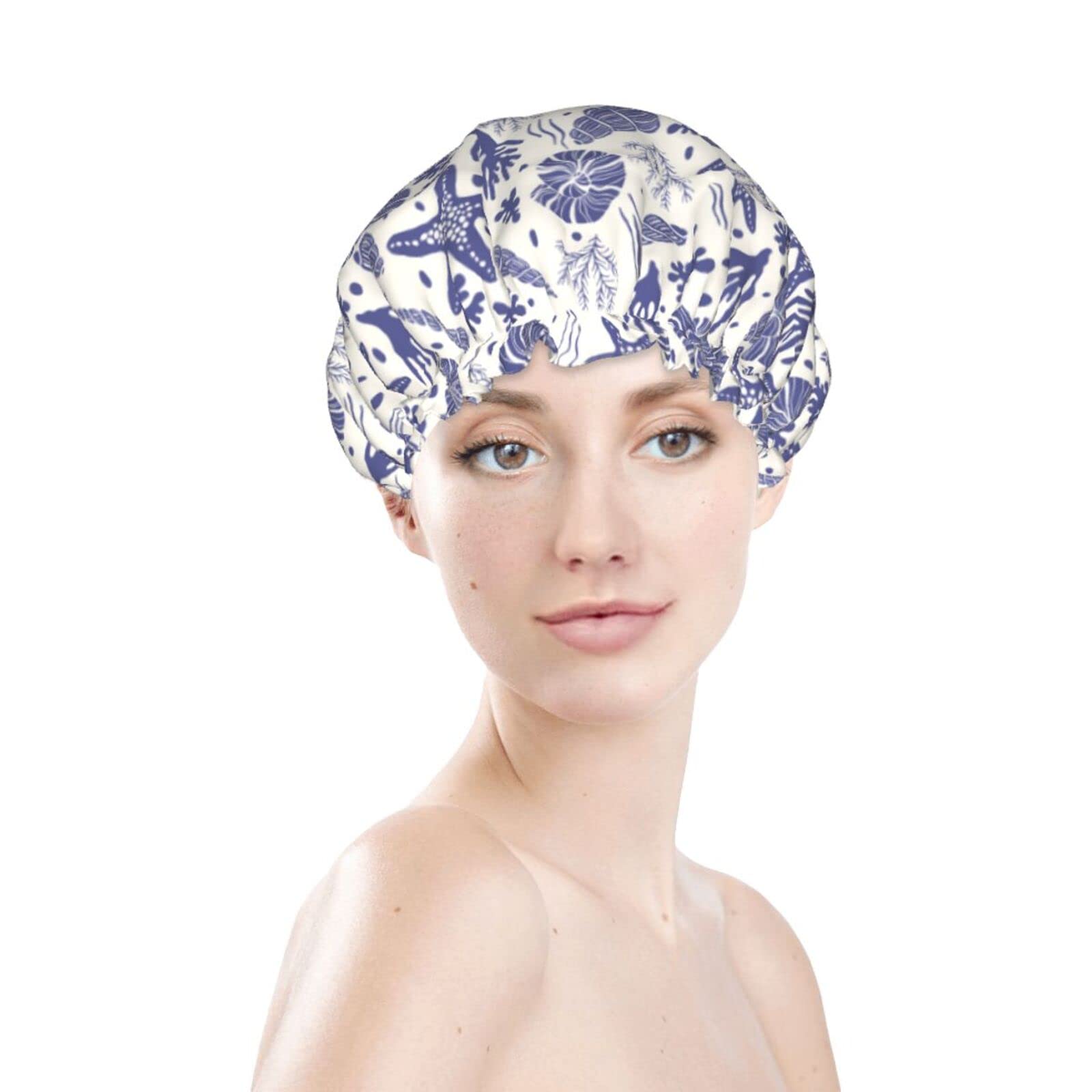 Seashore Elements Reusable Double Waterproof Shower Cap & Bath Cap,Lined,Oversized Waterproof Shower Caps Large Designed for All Hair Lengths with PEVA Lining & Elastic Band Stretch Hem Hair Hat For Women
