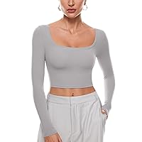 Women's Natrelax Square Neck Long Sleeve Crop Top Sexy Slim Fitted Basic Stretchy T Shirts Tops