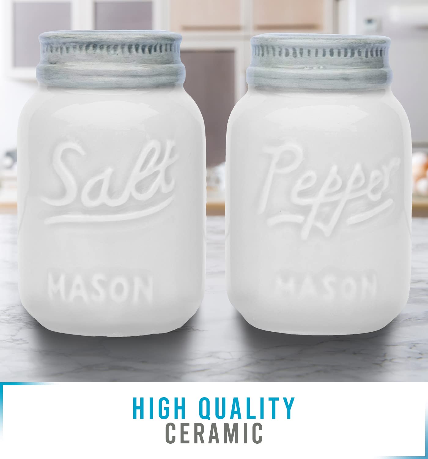 Vintage Mason Jar Salt & Pepper Shakers by Comfify - Adorable Decorative Mason Jar Décor for Vintage, Rustic, Shabby Chic Kitchens - Sturdy Ceramic in White - 3.5 oz. Cap.