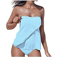 Two Piece Bandeau Tankini Swimsuits for Women Loose Blouson Strapless Swim Top with Bikini Bottom Bathing Suits