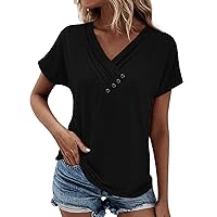 Spring Nice Plus Size Tops for Ladies Working Short Sleeve with Buttons Slim Blouse Women V Neck Polyester Black L