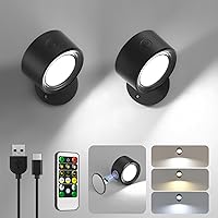 LED Wall Mounted Lights 2 Pcs with Remote, Sconces Lamp 3000mAh Rechargeable Battery Operated, 3 Color Temperatures & Dimmable Magnetic 360° Rotation Cordless for Bedroom Bedside