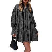 Roiii Women A-Line Lace Loose Baroque Button Down Long Sleeve Casual Dresses V Neck Embroidery Party Short Dress