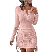 Fall Winter Sexy Sweater Mini Dress for Women,Formal Elegant Long Sleeve Bodycon Smocked Button Down Lace Dress