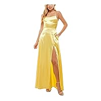Womens Yellow Zippered Slitted Lined Adjustable Lace Back Sleeveless Square Neck Full-Length Gown Prom Dress Juniors 1