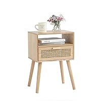 MaxSmeo Modern Nightstand Rattan Side End Table with Storage, for Living Room, Bedroom and Small Spaces, Accent Bedside Farmhouse Tables with Solid Wood Legs, Easy Assembly (Natural Walnut)