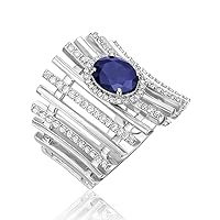 Halo Diamond and Sapphire Ring Solid 14k White Gold Natural Oval and Round Brilliant 2 Ct H/SI