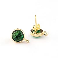 Checker Cut Emerald Gemstone Studs, 8mm Round Gemstone Earrings, Gold Plated Stud Earringg Pair With Connectors, Fancy Studs Drop Earrings
