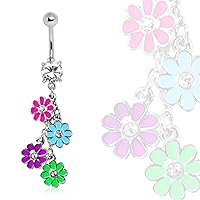 WildKlass Jewelry 316L Navel Ring with Multi Color Daisy Dangle