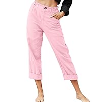 Womens Casual Solid Color Pockets Zipper Elastic Button Waist Pants Long Trousers