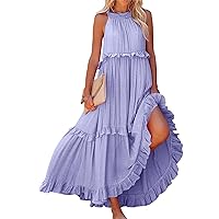 Summer Beach Dresses for Women 2024 Halter Tie Back Maxi Dress Long Tiered Ruffle Dress Sleeveless Flowy Boho Sundress