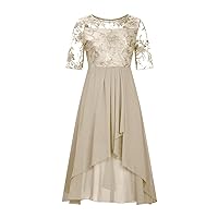 Ladies Dresses,Women's Tea Length Embroidery Lace Chiffon Dress Mock Dress Long Sleeve Dress for Women Elegant