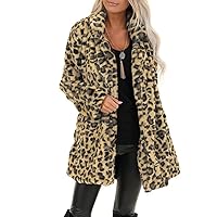Winter Coat for Women 2022 Leopard Faux Jackets with Pocket Long Coats Fuzzy Warm Winter Cardigans Outerwear