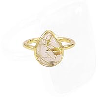 Rutilated Quartz Ring Sterling Silver Ring Solitaire Ring Handmade Ring Rutilated Quartz Wedding Ring 10X14mm Pear Shape Ring For Men (YELLOW GOLD PLATED, 5)