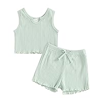Kupretty Baby Girl Clothes Summer Toddler Outfit Ruffle Rib Knit Ruffle Vest Tank Tops & Shorts Cute Clothing Sets