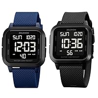 Square Men's Digital Watch Blue Large Face Waterproof LED Watches Square Men's Digital Watch Big Numbers Dial Large Face Waterproof LED Black Watches with Alarm Date Stopwatch
