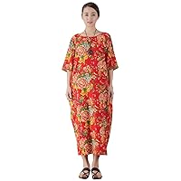 Women's Casual Loose Half Sleeves Spring/Summer Floral Soft Cotton Linen Maxi Dress