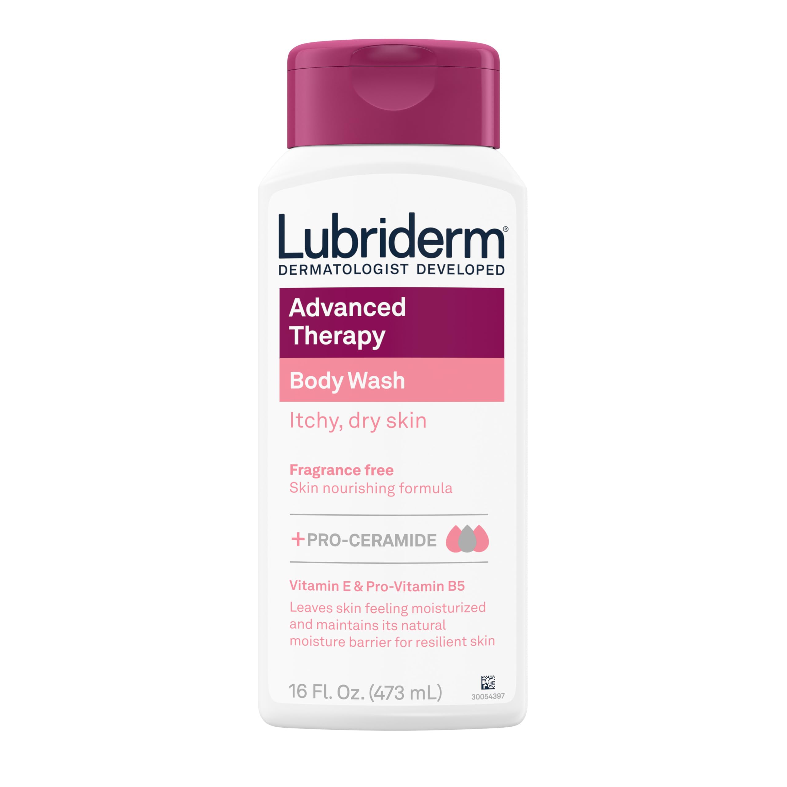 Lubriderm Advanced Therapy Body Wash, Unscented Nourishing Cleanser with Pro-Ceramide, Vitamin E & Pro-Vitamin B5 Gently Cleanses Itchy, Dry Skin, Fragrance Free, Hypoallergenic, 16 fl. oz
