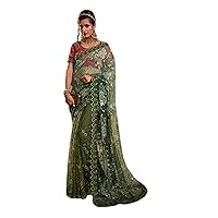 Mehendi Green Moti Embellished Wedding wear Indian Sequin Flower work Woman Saree Blouse Bridal Heavy work Sari