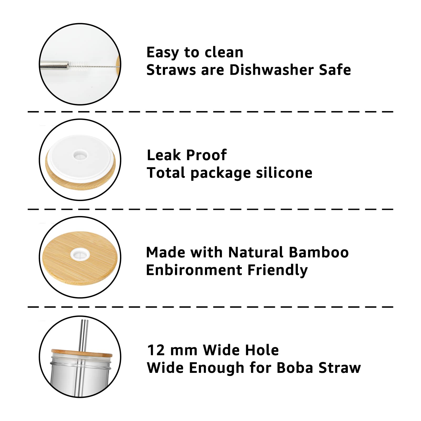 Tronco Mason Jar Lids with Stainless Steel Straws, 2 Reusable Mason Jar Bamboo Lids with Straw Hole, 2 Straws and 1 Straw Brush, for Wide Mouth Mason Jar Tumbler Lids