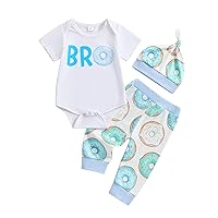Baby Boy Summer Outfit Bro Print Short Sleeve Romper Donut Print Pants Beanies Hat Set Newborn 3 Pieces Clothes