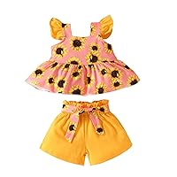 Baby Gloved Toddler Girls Fly Sleeve Sunflower Prints T Shirt Tops Vest Shorts Outfits Clothe Shirt (Red, 6-9 Months)