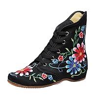 Retro Women Embroidered Lace-Up Short Flat Boots,Autumn Ladies Casual Chinese Embroidery Shoes Comfort Booties