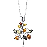 PEORA Genuine Baltic Amber Tree of Life Pendant Necklace and Adjustable Bracelet 925 Sterling Silver, Rich Multiple Colors