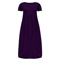 Women's Bohemian Solid Color Flowy Swing Round Neck Trendy Dress Short Sleeve Long Floor Maxi Casual Summer Beach Purple