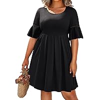 Pinup Fashion Women's Plus Size Bell Sleeve Round Neck Casual Summer Knit Babydoll Swing Sundress Pockets