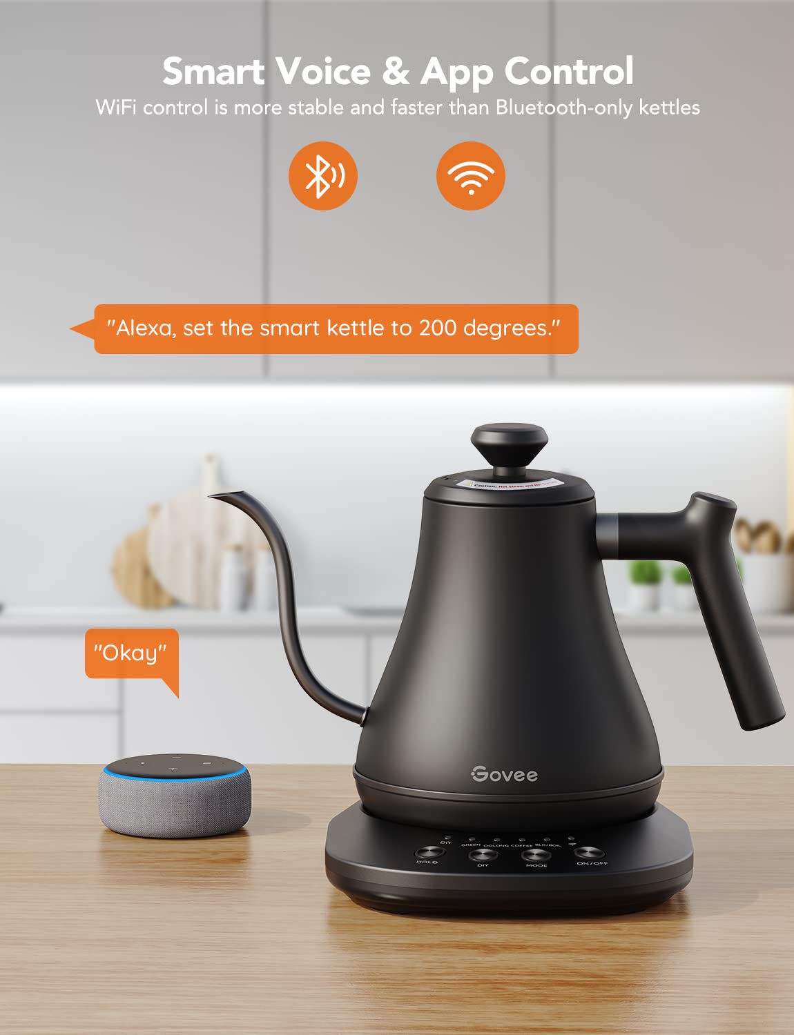 Govee Smart Electric Kettle, WiFi Variable Temperature Control Gooseneck Kettle, Pour Over Kettle and Tea Kettle, Alexa Control, 1200W Quick Heating, 100% Stainless Steel, 0.8L, Matte Black