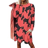 Scottie Dog Funny Pattern Women's Long Sleeve Sweatshirt Dress Casual Pullover Tops Loose Fit Dress with Pocket