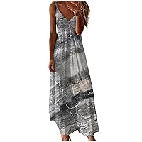 Casual V Neck Spaghetti Strap Dresses Women Summer Sleeveless Vintage Beach Dress Flowy Vacation Maxi Sundress