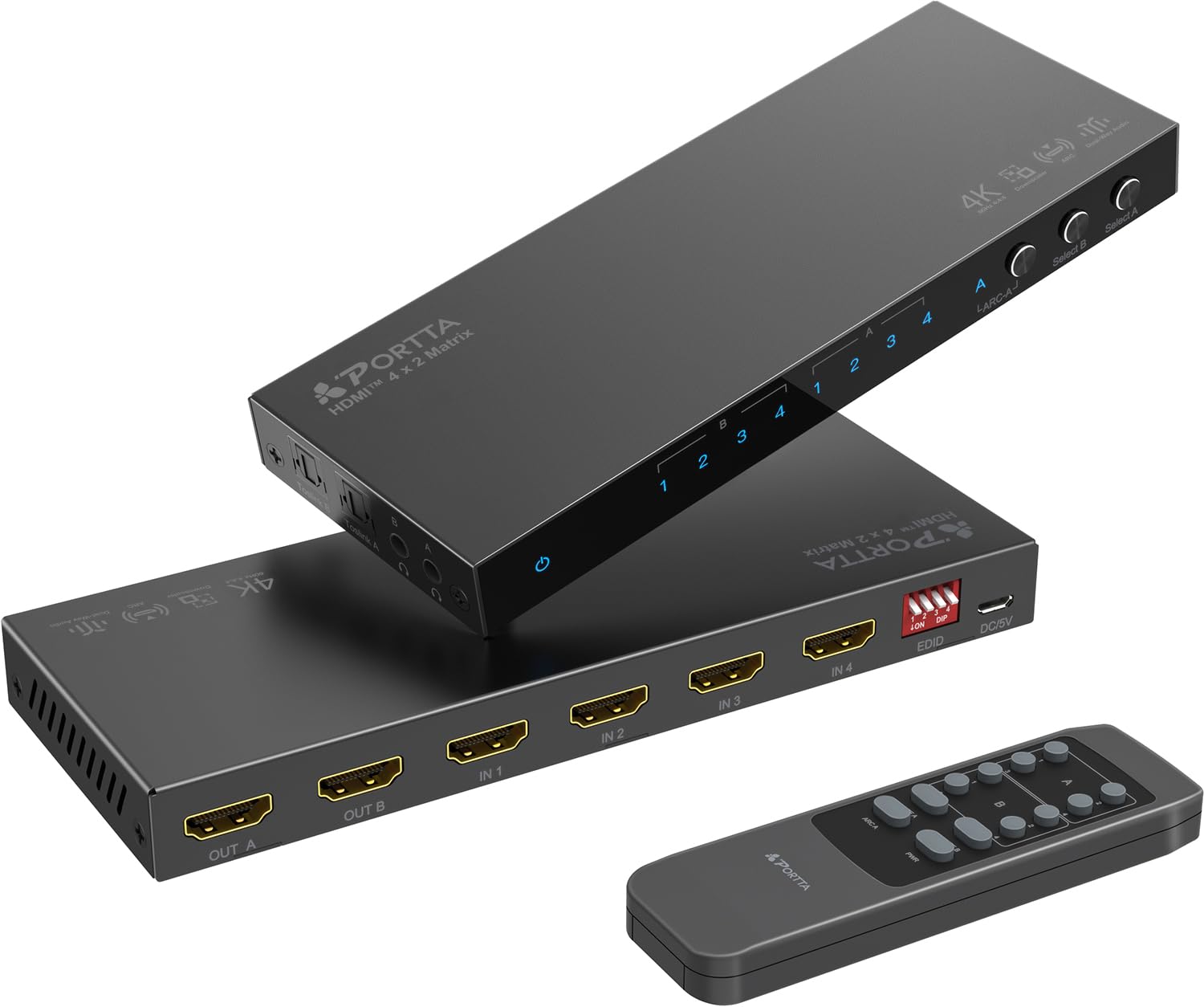 4K 60Hz HDMI Matrix 4x2, PORTTA 4 in 2 Out Switch Splitter with Toslink 3.5mm Audio Extractor, ARC, 16 EDID Modes, 4K Downscale, and IR Remote Support HDMI 2.0b HDCP 2.3/2.2 HDR 3D CEC