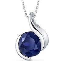 Peora 2.75 Carats Created Blue Sapphire Pendant Necklace for Women 925 Sterling Silver, Open Bezel Wave Solitaire, Round Shape 8mm with 18 inch Chain