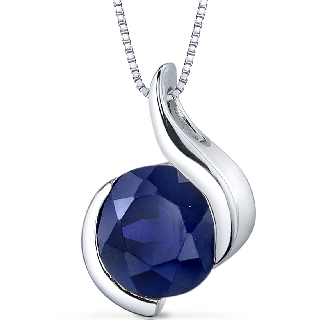 Peora Created Blue Sapphire Pendant Necklace for Women 925 Sterling Silver, Open Bezel Wave Solitaire, 2.75 Carats Round Shape 8mm with 18 inch Chain