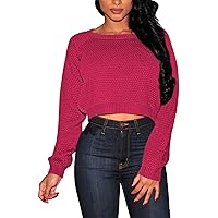 Pink Queen Women's Crew Neck Long Sleeve Crop Sweater Casual Fashion Knit Pullover Top Watermelon Red XL