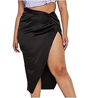 Womens Twist Front Bodycon Skirt High Cut Split Midi Skirt Solid Color Slim Fit Long Skirt Satin Comfortable Skorts