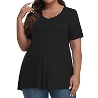 Plus Size T Shirts Plus Size Flowy Tops Womens Short Sleeve Tops Women's Fashion Casual Print V Neck Pullover Tops Blouses 26-Black XX-Large