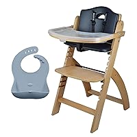 Abiie Beyond Junior Natural Wood/Black Cushion Convertible 3-in-1 Wooden High Chairs for 6 Months to 250 lbs, and Ruby Wrapp Gray Waterproof Silicone Bibs with Front Pocket - Baby Essentials