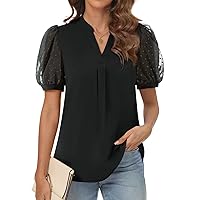Dressy Casual Tunic Tops for Women Business Professional Shirts Short Puff Sleeve Notch V Neck Blouse Black XL