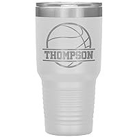 Personalized Basketball Tumbler With Name - Basketball Cup - 30oz Insulated Engraved Stainless Steel Basketball Travel Mug White
