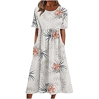 Round Neck Dress Ladies Trendy Short-Sleeve Fashion with Pocket Beach Summer Women's Swing Floral Print 2024 Dresses