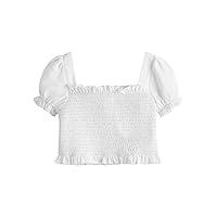 Milumia Girl's Shirred Frill Trim Blouse Square Neck Puff Short Sleeve Crop Tops