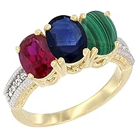10K Yellow Gold Enhanced Ruby, Natural Blue Sapphire & Malachite Ring 3-Stone Oval 7x5 mm, sizes 5 - 10